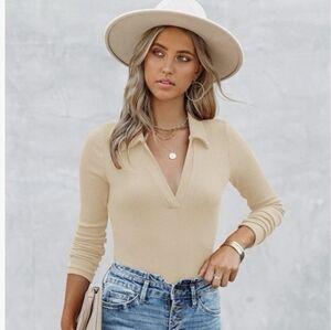 NWOT House of Harlow Nude, Long Sleeve, Collared Bodysuit Medium